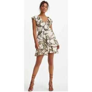 Express Womens Tropical V Neck Faux Wrap Ruffle Mini Dress Size Large New White